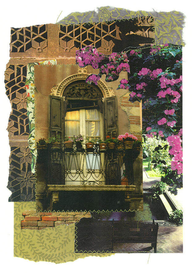 BALCONY VIEW, 15"x12" Framed, Stitched Photo Collage, $500 © Donna Durbin